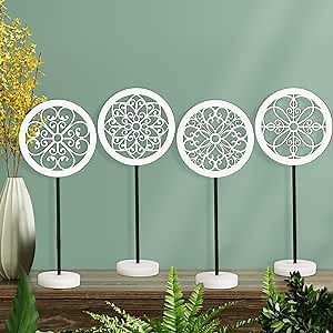4 Pcs Wooden Carved Cutout Above Cabinet Decor Kitchen White Flower Medallion Sculpture Rustic Distressed Tabletop Decor Farmhouse Geometric Pattern Statue for Living Room Bedroom Desktop