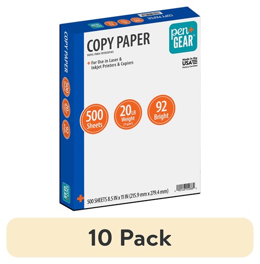 (10 pack) Pen Gear Copy Paper, 8.5" x 11", 92 Bright, White, 20 lb., 1 Ream (500 Sheets)