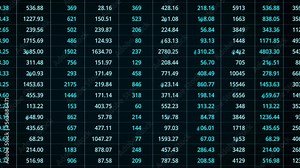Blue spreadsheet with numbers. Rows and lines with numbers. Analyzing data, market research or investment. Business data, products, financial report or science statistic. 3D animation