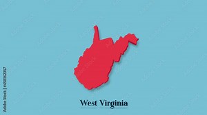 3d animated map showing the state of West Virginia from the United State of America isolated on blue background. 3d West Virginia state. USA. Text or labels West Virginia with silhouette
