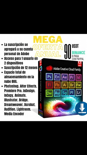 ADOBE CREATIVE CLOUD FAMILY 1. Cuenta, no código digital (tu correo electrónico de Adobe; la suscripción se agregará a su cuenta personal de Adobe) 2. Acceso para 1 usuario en 2 dispositivos 3. Suscripción de 12 meses 4. Espacio total de almacenamiento en la nube 80G. 5. Creative Suite apps: Photoshop. After Effects. Premiere Pro. InDesign. InCopy. Animate. Illustrator. Bridge. Dreamweaver. Acrobat. Audition. Lightroom. Media Encoder. 6. Funciona en el sitio web oficial de Adobe Creative Cloud o
