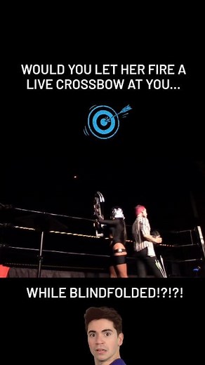 #throwbackthursday to when I let @anna.dangerous shoot a Live crossbow at me WHILE BLINDFOLDED!!! Would you trust her enough to hit the target & not you? . #sideshow #performer #goth #circus #crossbow #sharpshooter #crossbow #lasvegas #annadangerous #auzzyblood | Auzzy Blood