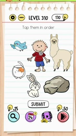 Brain Test Level 310 Answer | Tap them in order, boy rabbit bird llama chicken cat