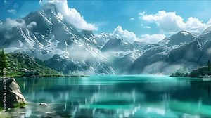 Detailed animated world with majestic mountains tranquil lakes and peaceinducing landscapes. Concept Fantasy setting, Animated landscapes, Majestic mountains, Tranquil lakes, Peaceful atmosphere