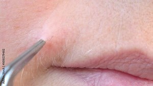 closeup mature female lips, woman 50 years old carefully removing facial hair around mouth, age-related changes, aesthetic cosmetology, hormonal disorder during menopause, Increased androgen levels