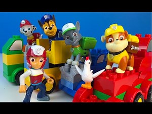Paw Patrol and Lego Duplo Build Trucks with Chase Marshall Rubble Rocky Rubble Chickelleta