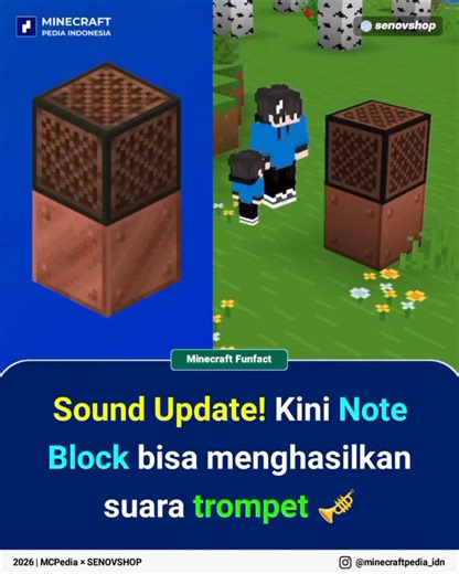 Minecraft Pedia Indonesia 🇵🇸 on Instagram: "Sudah menjadi rahasia umum kalau suara yang dikeluarkan oleh Note Block dipengaruhi oleh block yang ada di bawahnya. Nah, di Update Snapshot & Beta/Preview terbaru Mojang kembali memperbaharui fitur ini (26.1 Snapshot 7 & Beta/Preview 26.10.23) Yang dimana Note Block akan mengeluarkan suara Trompet saat Copper Block diletakkan di bawahnya. Ini akan sangat berguna bagi Minecrafter yang suka membuat musik menggunakan Note Block di Minecraft 🎵 Beli aku