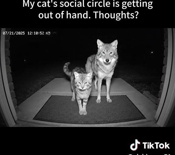 Coyote Encounters a Cat in Suburbia