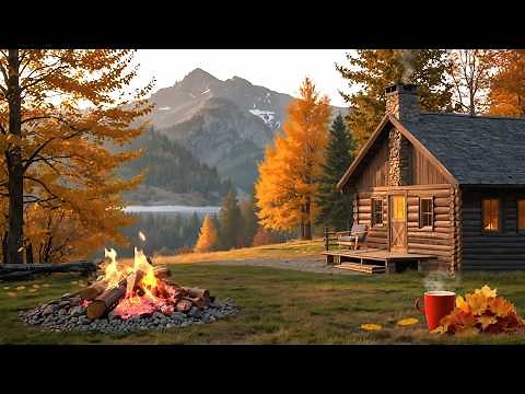 Autumn Cozy Cabin Ambience with Relaxing Campfire, Falling Leaves in Forest and Nature Sounds