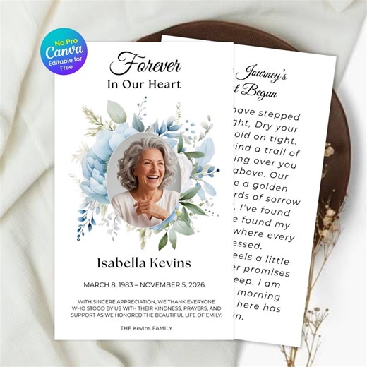 Dusty Blue Floral Funeral Prayer Cards, Canva Editable Template (instant Download) - Etsy