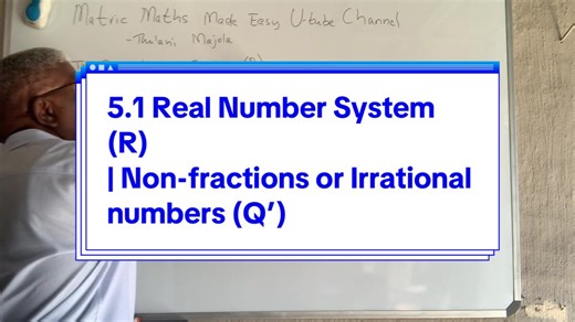 Real Number System (R) | Episode 5: Non-fractions or Irrational numbers (Q’) This episode has 4 videos separated in parts: 1. R = Q Q’ 2. ⁠What is a non-fraction or what is an irrational number (Q’)? 3. ⁠Irrational numbers or Non-fractions (Q’) between 0 and 1, that is, Denominator greater than the Numerator. 4. ⁠Irrational numbers or Non-fractions (Q’) greater than 1, that is, Denominator less than the Numerator. This is PART 1. REMEMBER that it is very easy to sit and listen but this is not en