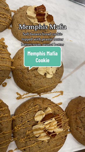 It’s Peanut Festival week here so we’re introducing a brand new #elvis inspired cookie. #memphismafia a soft banana bread cookie tooped with peanut butter buttercream, peanut butter drizzle and crispy bacon #zhuzhbakery #gourmetcookies #peanutbutterbanana