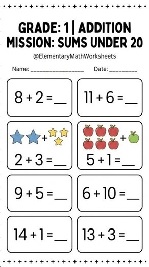 Grade 1 Addition under 20 Worksheets | Visual Math practice for 1st grade