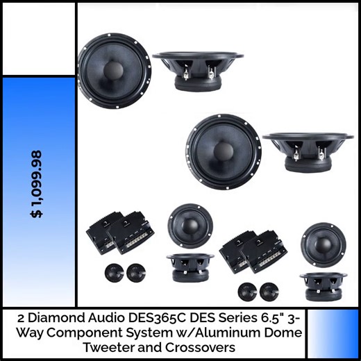 🎶 Turn your ride into a symphony! 🚗✨ Get ready to experience sound like never before with the 2 Diamond Audio DES365C DES Series 6.5 3-Way Component System! Featuring a stunning Aluminum Dome Tweeter and precision crossovers, this powerhouse delivers crisp highs and deep lows, ensuring every note reverberates through your core. 🔊💖 Elevate your audio game and vibe to every playlist—perfect for road trips, daily commutes, or simply jamming out at home! 🏡🌟 Don't miss out on this music lover's