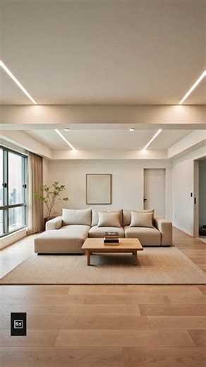 Modern minimalist living room with floor-to-ceiling windows and clean