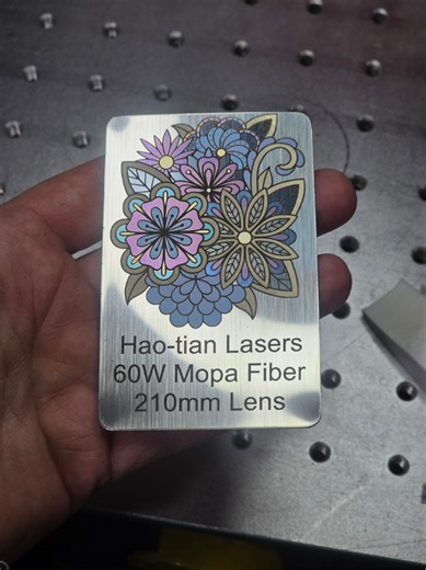 Colormarking on 304 stainless steel business card. 60w Mopa Fiber from @Haotian Machinery @Team Hao-Tian #lasermakers #laserengraving #lightburnsoftware #socialmedia #makersoftiktok