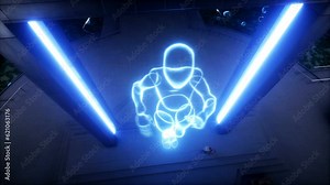 Futuristic night city with 3d peoples and robots. Future concept. Realistic 4k animation.