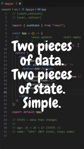 Jevin | React WebDevelopment Lessons on Instagram: "Half a brain. Your app is still broken. Half-working. Half-remembering. Half-useless. You set up state for the input. Great. Your app can now remember what the user is typing. Every keystroke stored. But scroll back to what we identified earlier. Your todo app needs TWO pieces of data. The input value AND the todo list itself. Right now you're only remembering one. The list? Completely forgotten. No state. No memory. Nowhere to store those todo