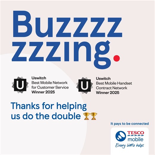We won Best Mobile Network for Customer Service at the 2025 Uswitch Telecoms Awards! That’s 4 years in a row, but who’s counting😉 We also bagged Best Mobile Handset Contract Network. Thanks for helping us do the double🏆🏆 #TescoMobile #EveryLittleHelps #ItPaysToBeConnected | Tesco Mobile