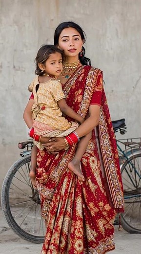 woman in red and gold indian sari #breastfeeding