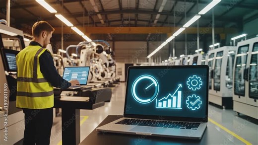 Laptop displays industrial analytics dashboard with performance graphs and gear icons in modern manufacturing facility. Worker monitors production data and automation systems. Smart factory technology
