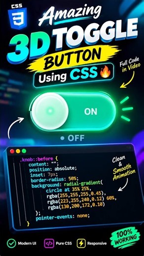 #coding #css Premium 3D Toggle Switch Using HTML CSS & JavaScript 🔥 |#developer #learncoding #design