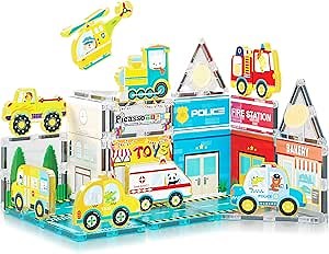PicassoTiles Magnet Tile Building Blocks Metro City Themed Playset with 8 Character Action Figures Magnetic Tiles STEM Learning Early Education Toy Construction Set Toddlers Boys Girls Ages 3+ PTQ24