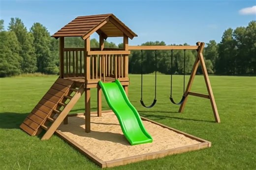 滑り台、ブランコ、ロックウォール付き、裏庭の子供用木製プレイハウス設計図 – DIY屋外遊び場の砦とクライミングセット | PDF設計図 - Etsy 日本