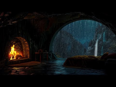 Rainy Mountain Cave Retreat 🌧️🔥 | Cozy Fireplace, Waterfall Rain Sounds for Sleep & Deep Relaxation