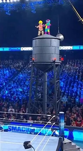 A Wrecking Ball Hits the WWE Water Tower While Mascots Are On Top 😱