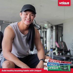 Having a dry mouth while working out can lead to bad breath. 🏋 Brush your teeth with UNIQUE toothpaste before you exercise and always rehydrate! Let's start the new year by building healthy brushing habits with Unique. Bili na sa grocery stores and supermarkets near you! 🛒 | Unique Toothpaste