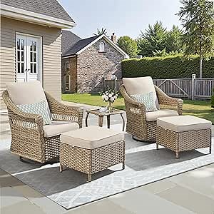 Outdoor Swivel Rocker Patio Chairs with 4" Thick Cushion - 5 Piece Wicker Bistro Set with Side Table, High Back Comfty Outdoor Glider Chairs for Balcony, Porch, Deck, Poolside - Yellow/Beige