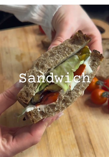 Grilled vegetable sandwich 🫶🏻 Filling and healthy! • Ingredients: Artisan bread Garlic herb cream cheese Grilled vegetables: bell pepper, zucchini, eggplant, tomato • #sendwich #grilling #vegan #recipes #breakfast