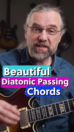 Beautiful Diatonic Passing Chords 😎 #jazzchords You can do amazing things with basic chords! 🎸 1️⃣ Walk Up 2️⃣ Chords in 3rds 3️⃣ 3 Sprinkle in some modal interchange Get the PDF and GuitarPro files on Patreon