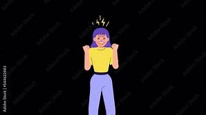 Angry female character, animation with ALPHA channel. Furious, Enraged woman grinning, shaking fists. anger emotion, facial expression and body language. Stock cartoon footage, transparent background