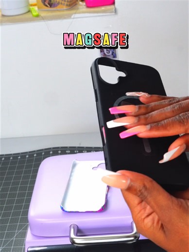 Now it’s time to install the MagSafe magnet babyyy this just elevated the whole phone case! A true two-in-one 🙌🏽 You get a protective TPU silicone interior a hard outer shell, AND yes… wireless charging works right through the case 👏🏽 no plugging in needed! So not only are you protecting your phone, you’re still showing off your personality with a full custom design 💜✨ If you’re ready for your own custom iPhone MagSafe case, it’s officially available on the website 👀 tap in! 🚨🚨🚨🚨🚨🚨🚨