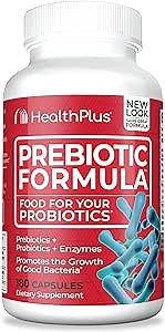 Health Plus Prebiotic Formula - Probiotics + Prebiotics + Digestive Enzymes - Gluten Free, Dairy Free, Natural Herbal Ingredients (180 Capsules, 60 Servings)