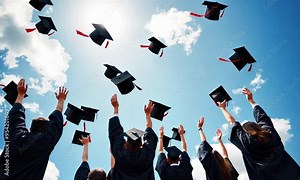 Graduates celebrate their achievement by throwing their caps in the air.