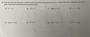 1) Use the inverse function to solve each of the following equa... | Filo