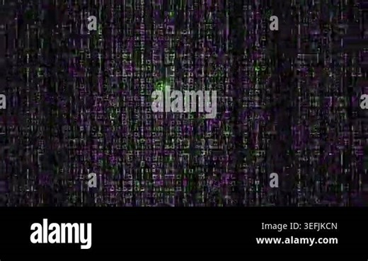A dark, abstract background featuring a complex digital matrix grid with subtle glitches and patterns resembling binary code, creating a futuristic and technological aesthetic Stock Video Footage - Alamy