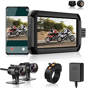 VSYSTO F9D 2 Channel Motorcycle Backup Camera Dash Cam 4.0'' LCD Video Recorder Dual 1080P Front and Rear View 150° Wide Angle Waterproof Lens, TPMS Parking Mode WiFi App Voltmeter GPS Support