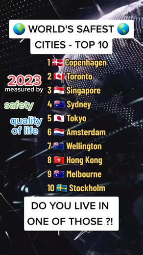 Top 10 World's Safest Cities 2023. Do you live in one of those ! #countriesoftheworld #viral #safestcitiestolivein #trending #viraltiktok #population #foryou #people #top10 #countries #ranking #education #fyp #toplist #safety #world #top | Mel C. Roberts