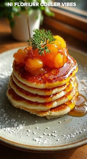 🥞🍑 Cottage Cheese Peach Cobbler Pancake Stack — Syrup Pull Middle #yotubeshorts #food #explore