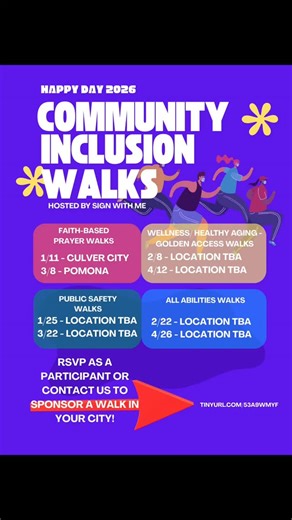 ANNOUNCEMENT: SWM INCLUSIVE WALK INITIATIVE 2026 Hey family! I’m Dr. D’yann Crosby, Founder of Sign With Me, and I want to invite you to walk with us — literally and purposefully. On Sunday, January 11, 2026, we are kicking off our Inclusive Walk Initiative at the Culver City Steps / Baldwin Hills Scenic Overlook Trailhead from 8:30 AM to 10:30 AM PST. This is more than a walk — it’s a community movement focused on: Access Inclusion American Sign Language (ASL) Health, wellness, and connection W