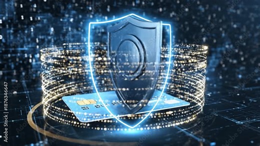 Secure credit card protected by digital shield and glowing data ring, secure payment protection shield over credit card digital network, secure credit card protection shield floating above payment