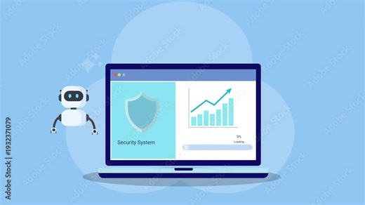 Animated AI robot beside laptop showing security system dashboard with shield icon and rising bar chart. Concept of cybersecurity, data protection, KPI monitoring, automation, and digital business gro