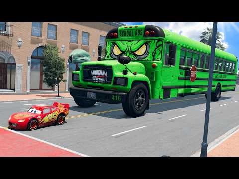 Giant BUS SCHOOL Monster Mack Truck Eater VS Cars Lightning McQueen Escape Monster Beamng Drive #17