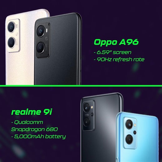 We’ve got lots of #TechAssured smartphone options in the market to make you #FeelTheCyberThrill! Today, we’re looking at the OPPO A96 and the realme 9i. Discover the similarities and see which one is best suited for you. 🤔📲 #CheckCyberzone near you to buy these amazing phones or download SM Malls Online https://smmallsonline.onelink.me/0xxH/CheckCyberzone. | SM Cyberzone