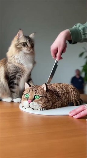 Real Norwegian Forest cat vs look-alike cat cake: the moment we slice it (safe shoot)