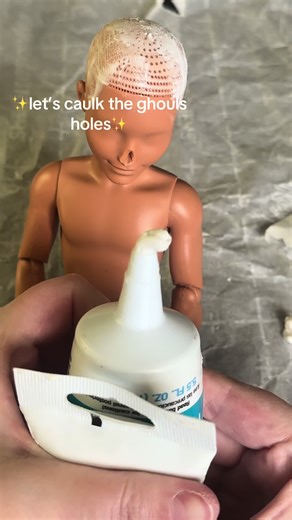 I don’t actually know if the caulking will adhere to his head but we’re going to try! #ooakdoll #customdoll #fallout #falloutedit #waltongoggins